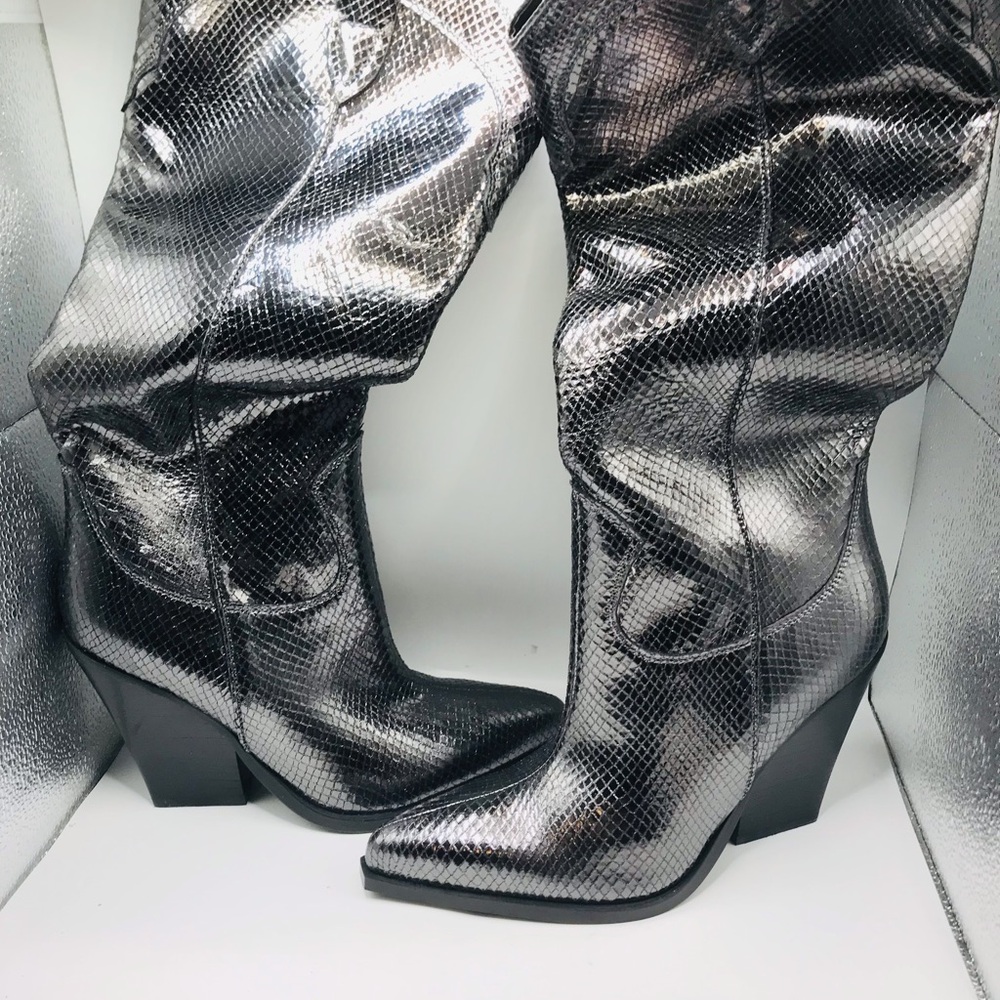 Marc fisher Metallic Snakeskin Knee-High Western Boots - Black/Silver - Picture 6 of 12